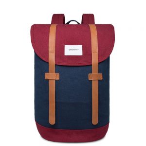 Sandqvist Stig Backpack Multi Navy/Burgundy Cognac Brown Leather